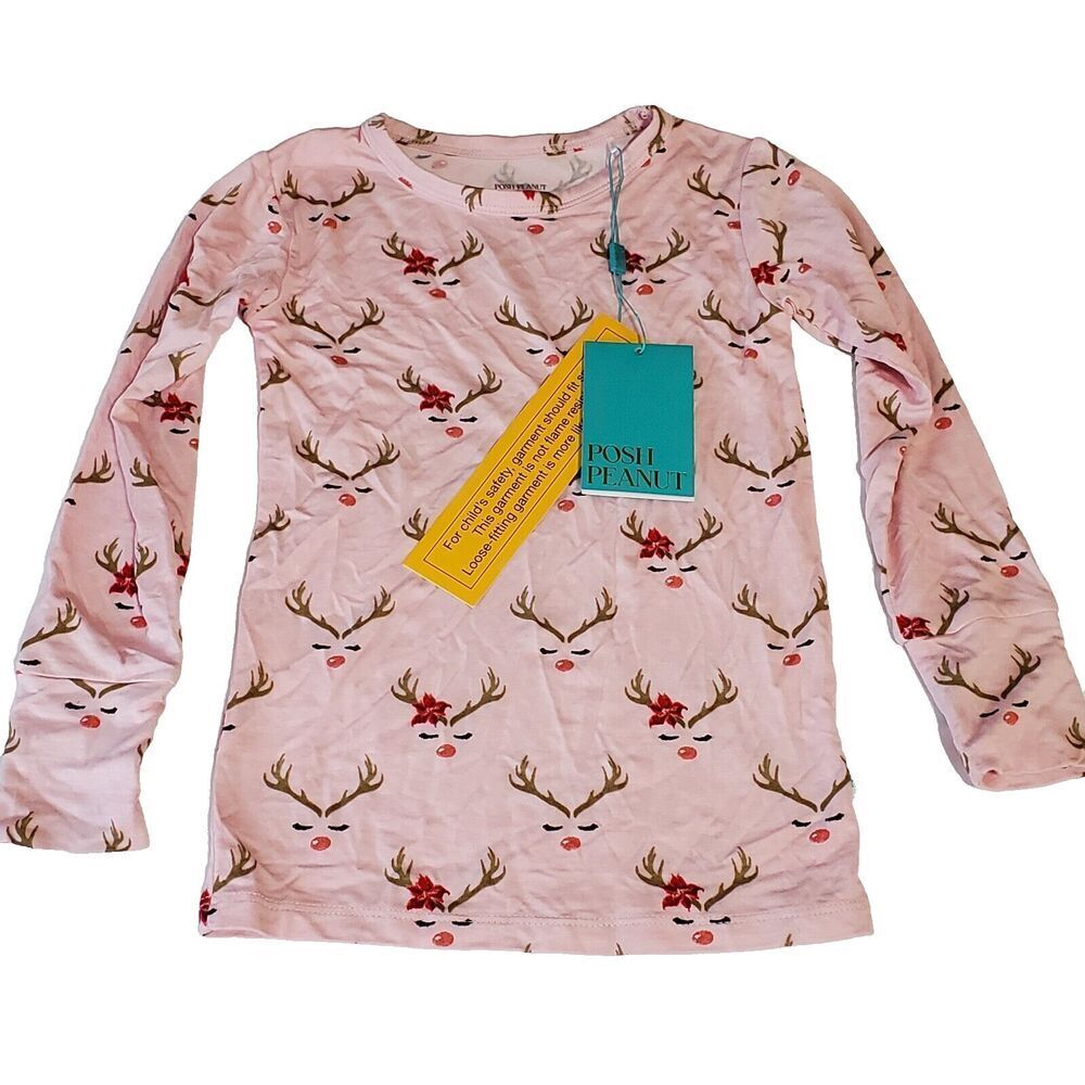 Posh Peanut Rudolph Antlers Pajamas Top Size 4T Pink NEW Rainbow Deer Christmas